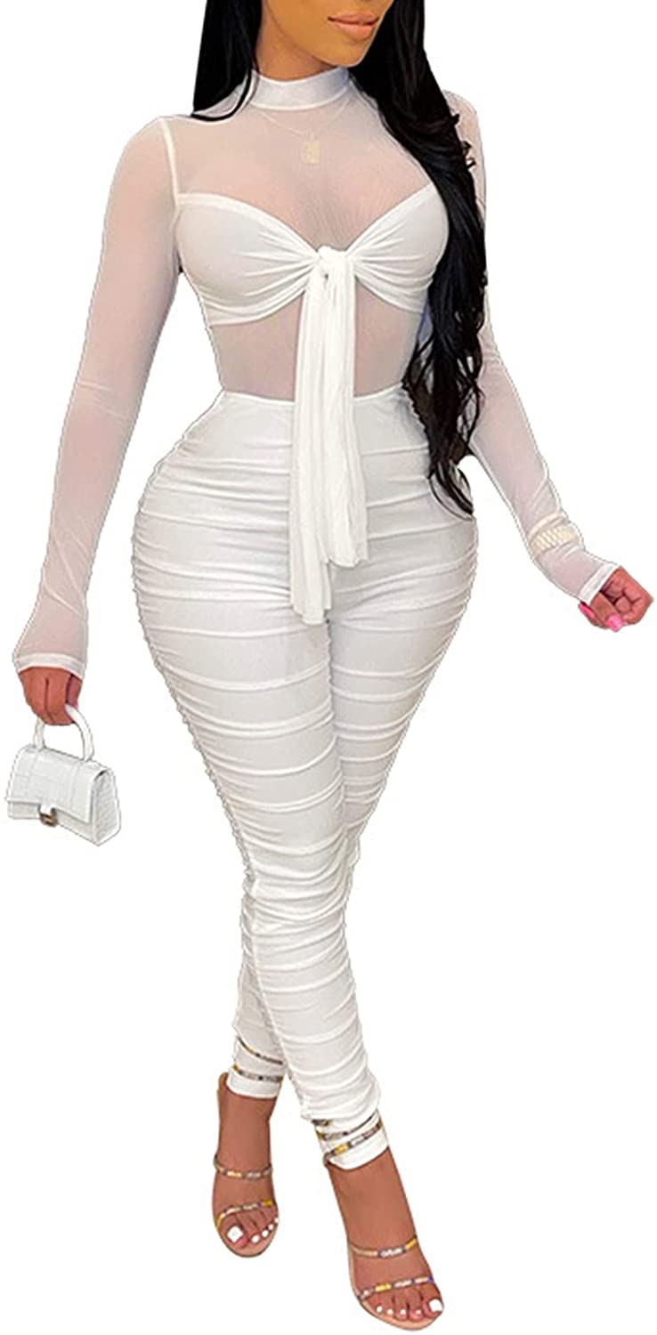 Price:$16.99 Sexy Sheer Mesh Patchwork Jumpsuit Solid Color Bandage Long Sleeve Ruched Long Pants Zipper Rompers : Clothing, Shoes & Jewelry