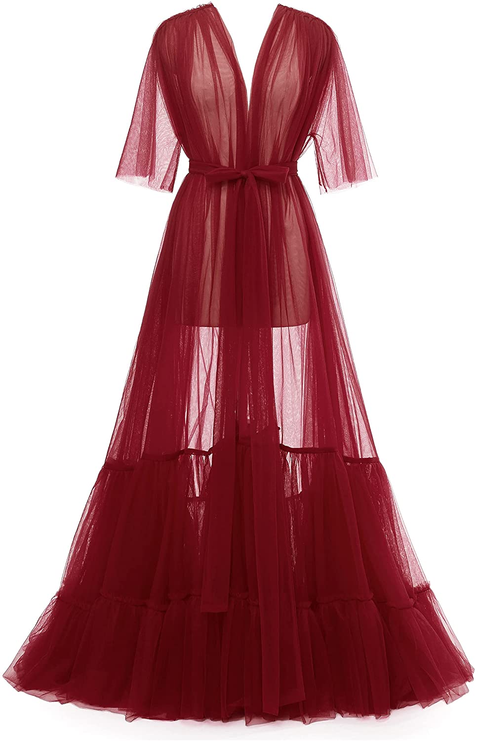 Price:$74.99 Tulle Robe for Women Photoshoot Illusion Bridesmaid Bath Robe Short Sleeve Sheer Dressing Gown with Belt at Amazon Women’s Clothing store