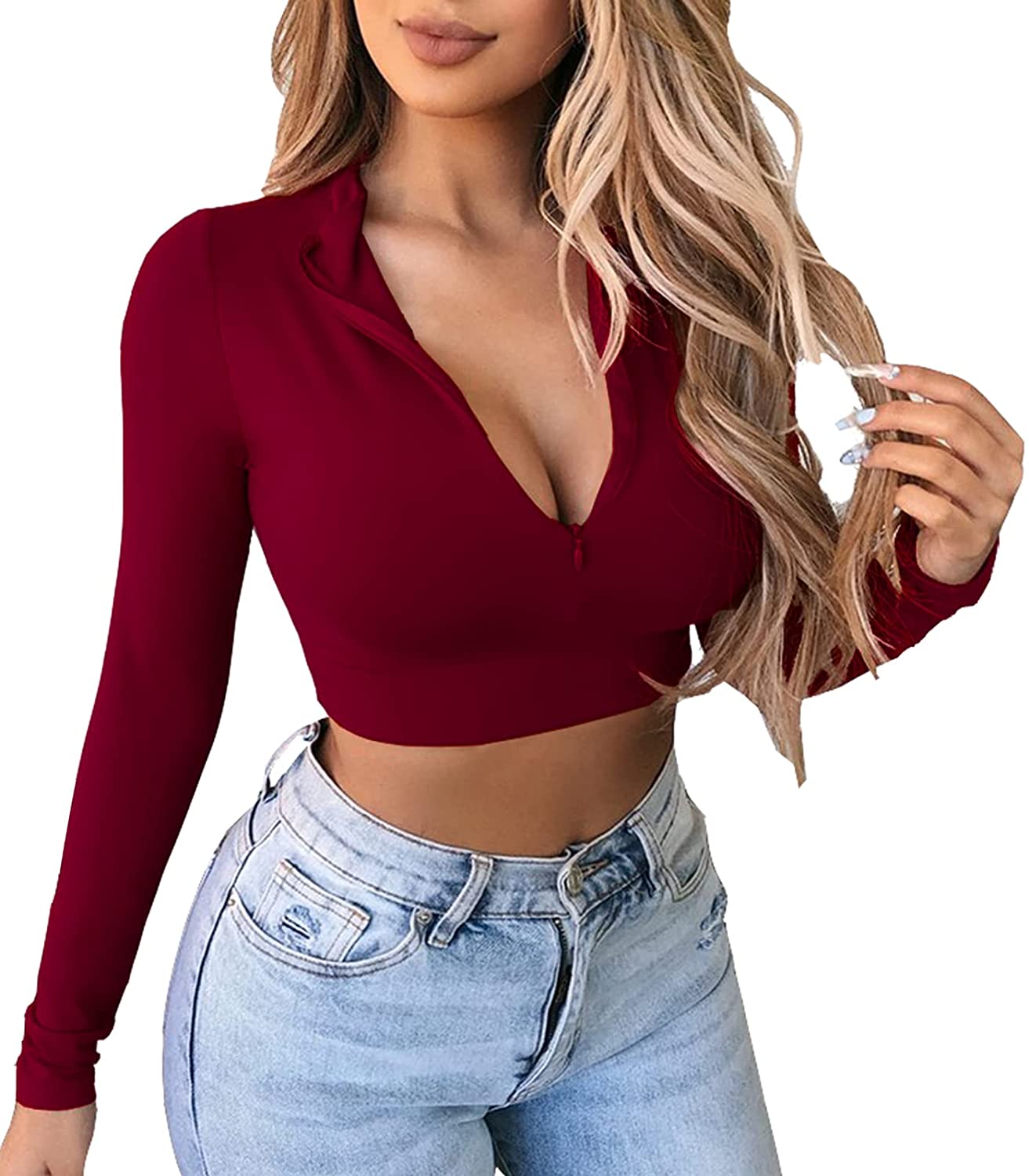 Price:$11.89 Women's Long Sleeve Quarter Zip Crop Tops Fleece Lined V Neck Fitted Sexy Cropped Shirts at Amazon Women’s Clothing store