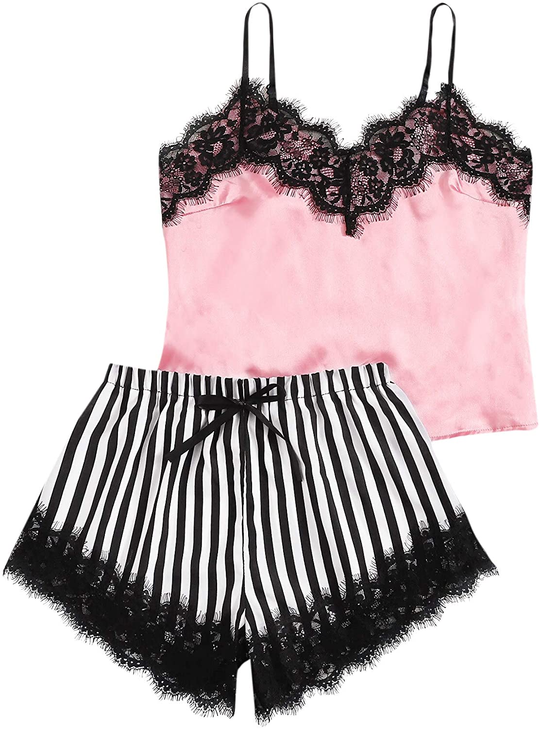 Price:$14.99 Women's Satin Lace Cami Top and Shorts Pajama Set at Amazon Women’s Clothing store