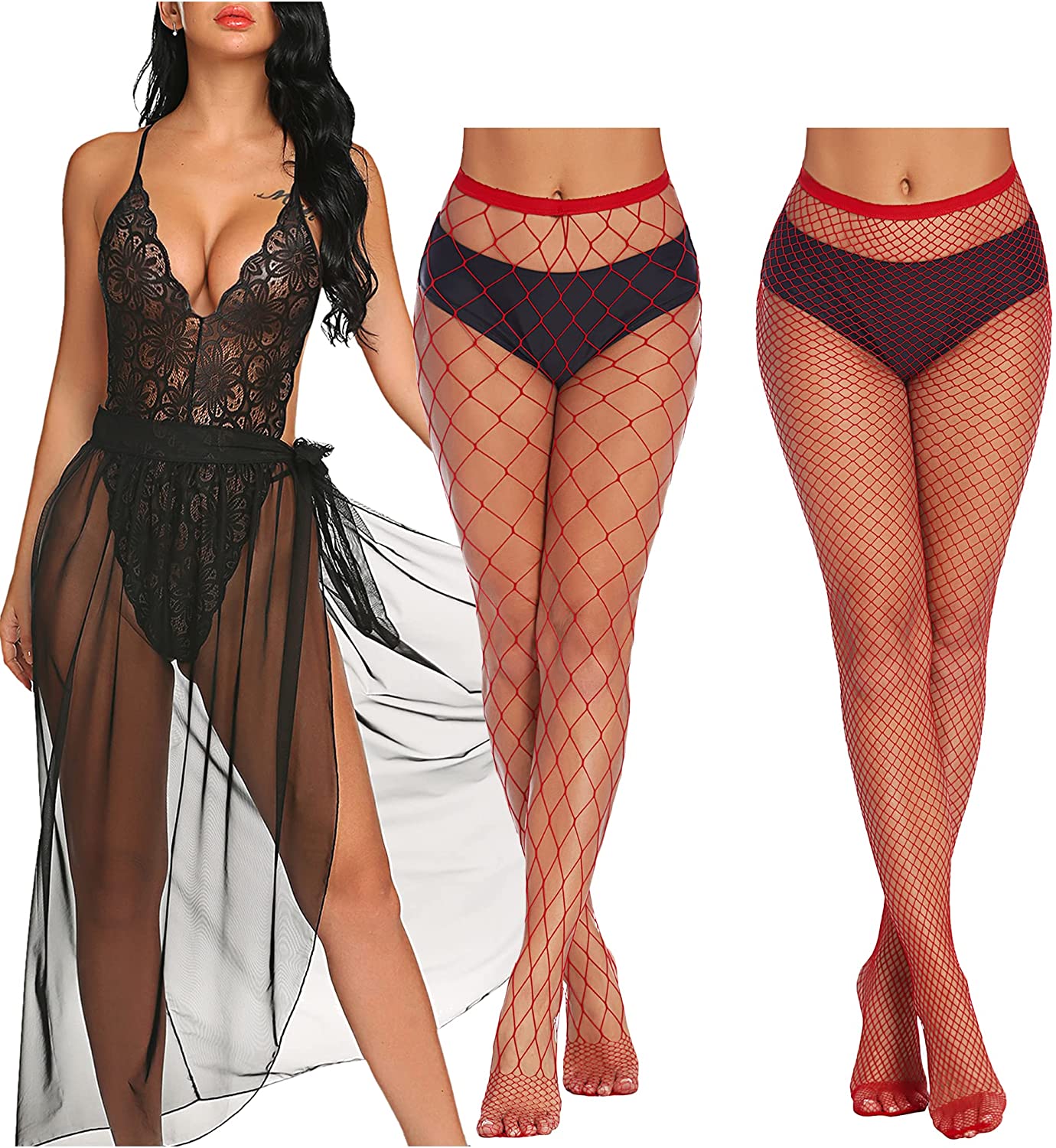 Price:$27.37 Women Lingerie Deep V Lace Bodysuit and Womens High Waist Tights Fishnet Stockings: Clothing, Shoes & Jewelry