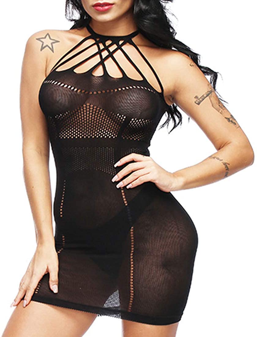Price:$7.99 Mesh Lingerie for Lady Fishnet Babydoll Mini Dress Free Size Bodysuit Underwear Chemises Black: Clothing, Shoes & Jewelry