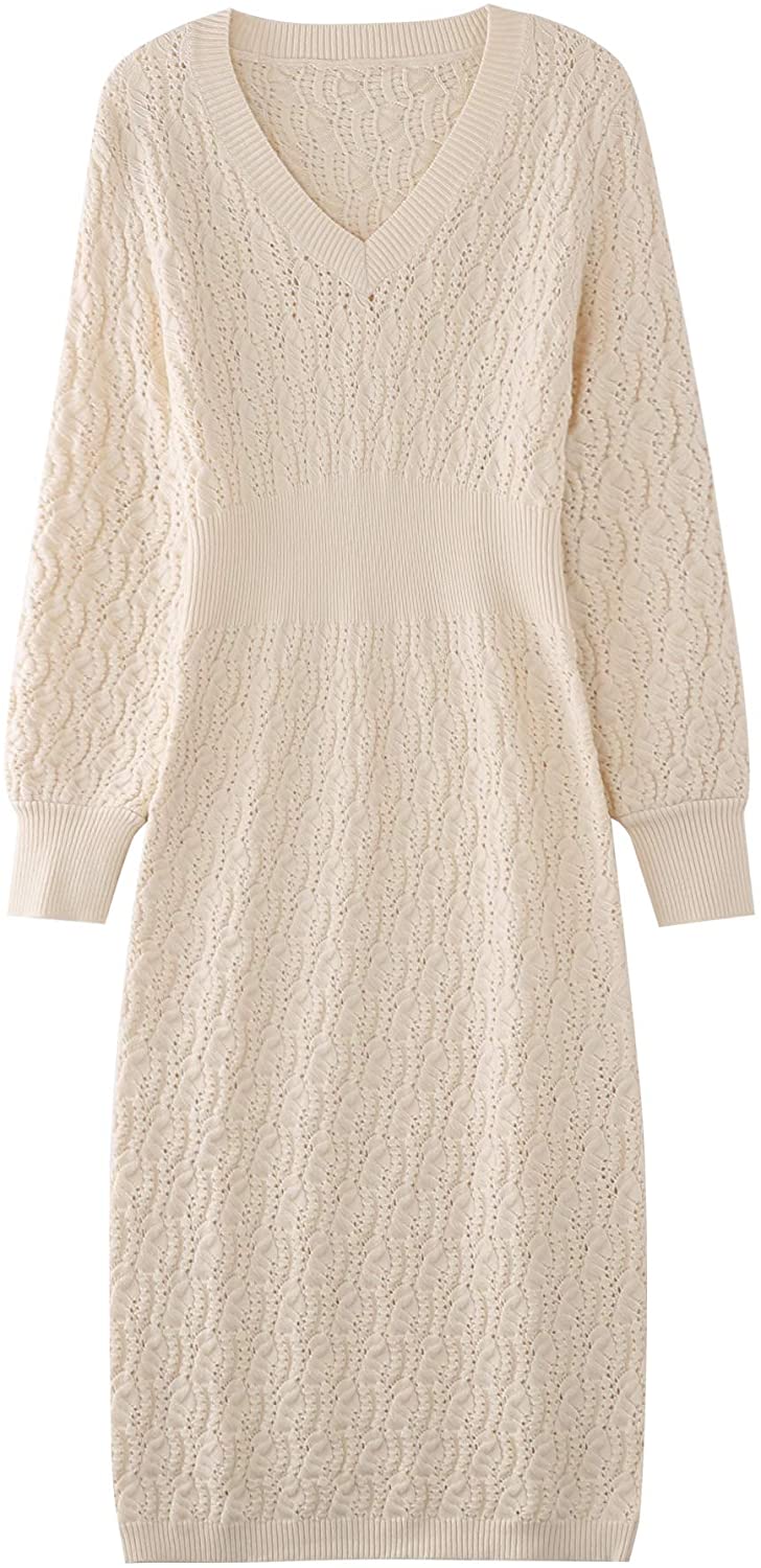 Price:$36.90 Womens Sweater Dresses Hollow-Carved Long Sleeve Sexy Sweater Dress for Women Sexy Winter (Beige) at Amazon Women’s Clothing store