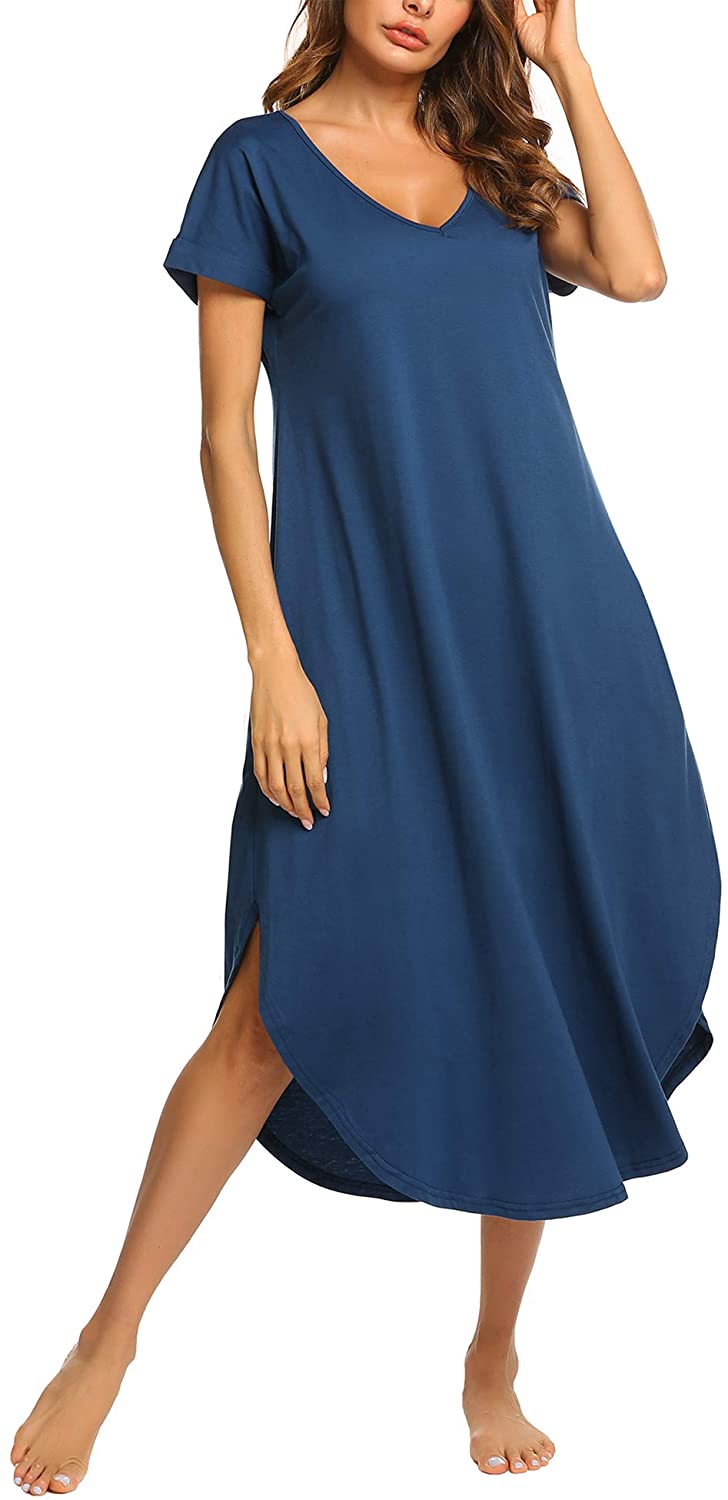Price:$11.49 Women's Long Nightgown Casual V Neck Loungewear Short Sleeve Sleepwear Nightshirts with Pockets S-XXL at Amazon Women’s Clothing store