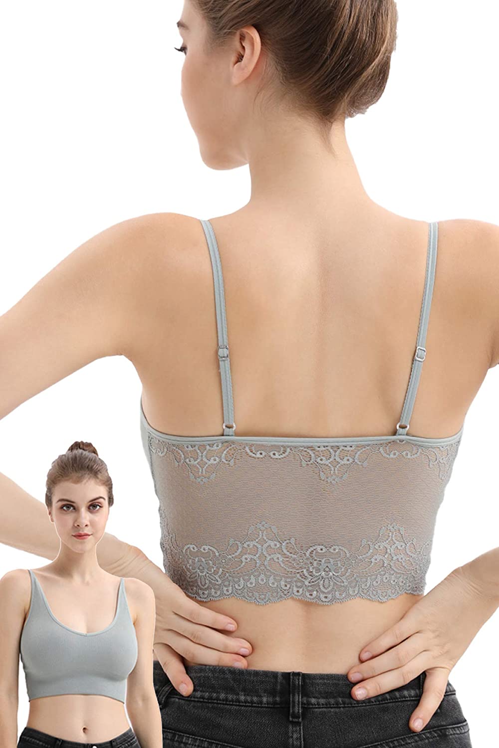Price:$14.99 Women's Casual V-Neck Spaghetti Strap Lace Cami Crop Top Wireless Bra for Girls at Amazon Women’s Clothing store
