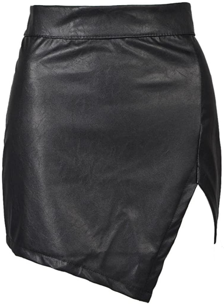 Price:$18.69 Women's Black Cut Out Mid Waist Asymmetric Hem PU Mini Skirt at Amazon Women’s Clothing store