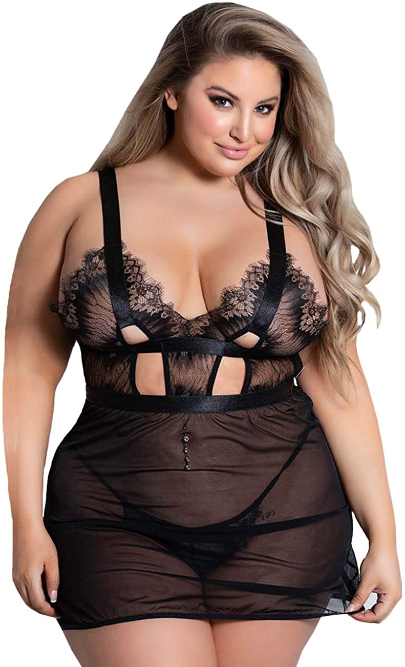 Price:$11.99 Plus Size Babydoll for Women Deep V Neck Bandage Elastic High Waist Teddy Chemise Comfy Lace Lingerie Black: Clothing, Shoes & Jewelry