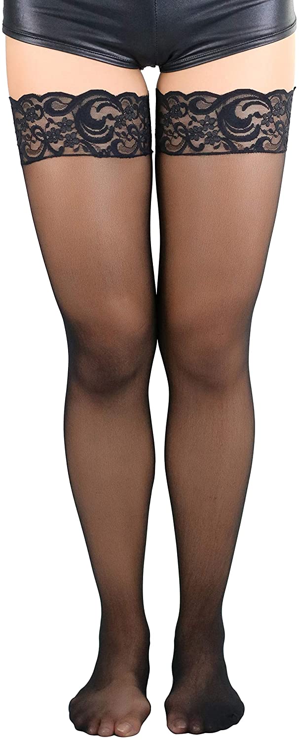 Price:$10.95 Women's Sheer Nylon Thigh High With Seamless Lace Top at Amazon Women’s Clothing store