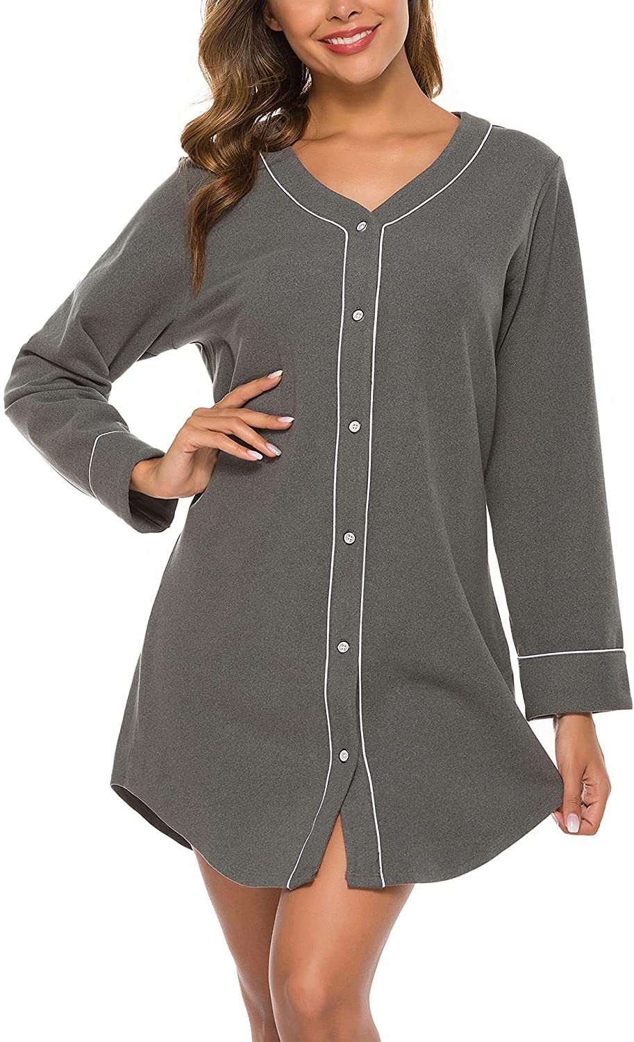 Price:$15.99 Women Button Down Nightshirt Long Sleeve Nightgown Loose Sleepwear Boyfriend Sleepshirt Pajama Dress at Amazon Women’s Clothing store