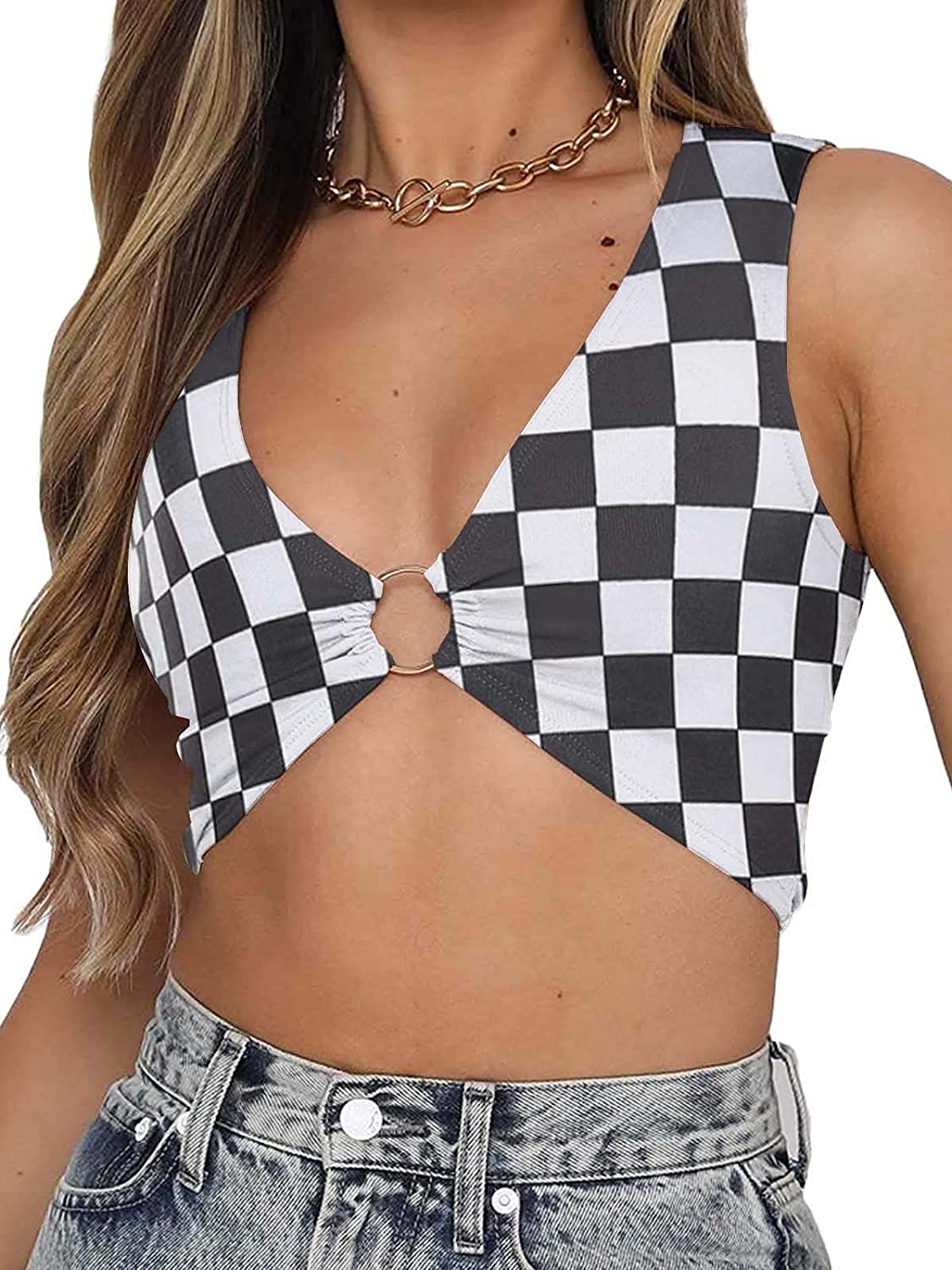 Price:$14.99 Sexy Sleeveless Plunging Neckline Underboob Corset Y2k Cropped Tank Top with Golden Ring : Clothing, Shoes & Jewelry