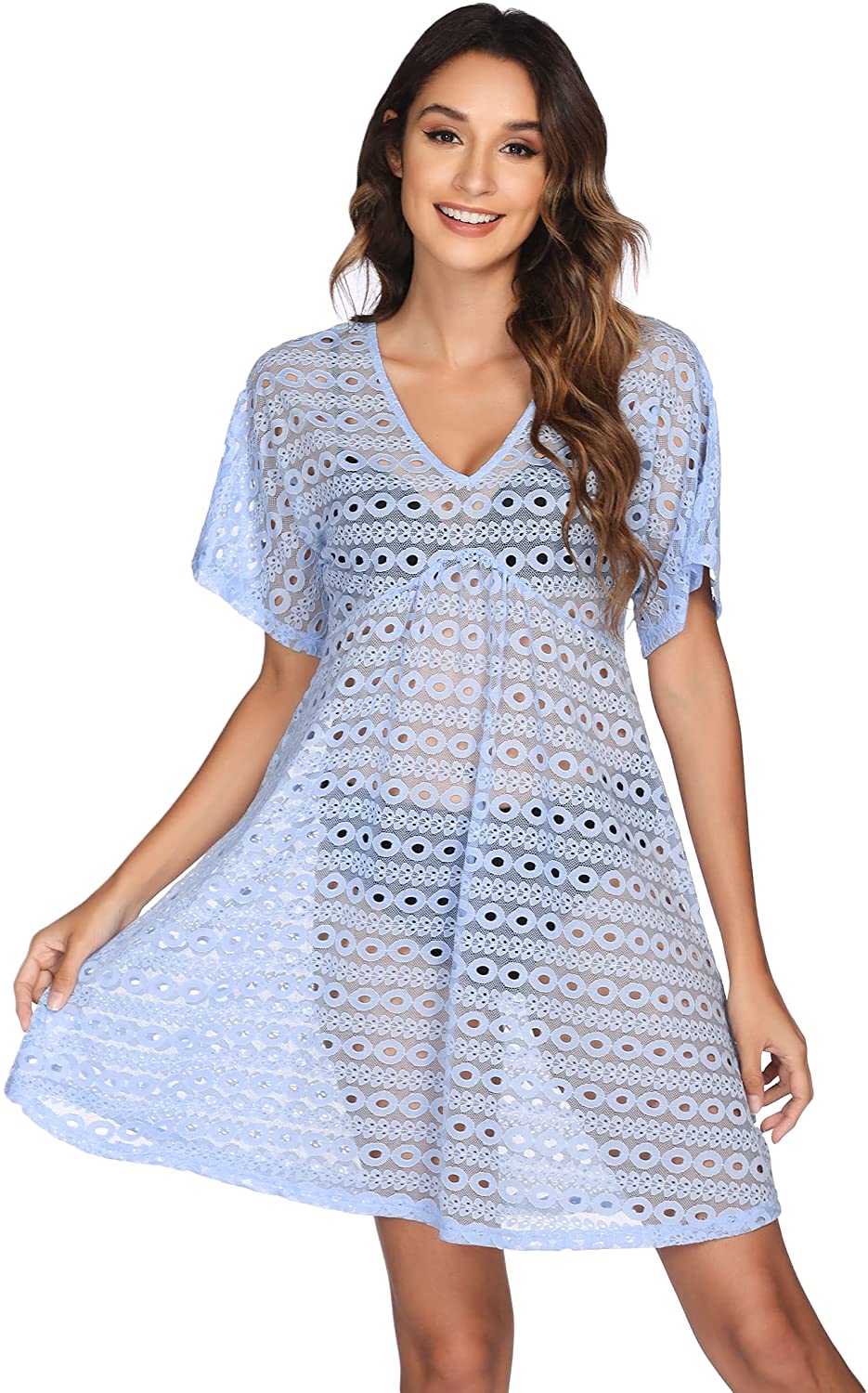 Price:$7.99 Women Swimsuit Cover Ups Batwing Sleeve Sheer Lace Cover Up Bathing Suit Beach Dress at Amazon Women’s Clothing store