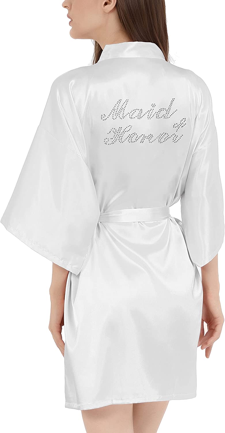 Price:$12.99 Robes for Women Bridesmaid Bride Bridal Party Wedding Short Sexy Rhinestones Kimono Soft Lounge Robe Sleepwear (White, Maid of Honor) at Amazon Women’s Clothing store