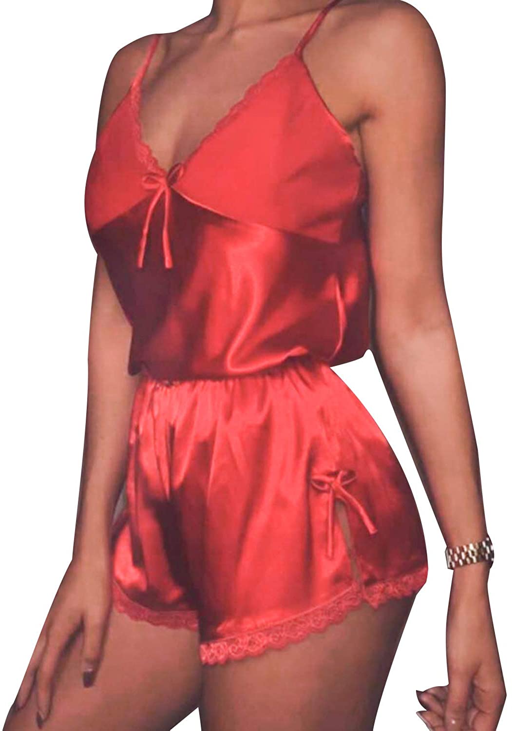 Price:$18.99 Womens 2 Piece Satin Pajamas Sexy Lingerie Cami Shorts Set Nightwear Sleepwear at Amazon Women’s Clothing store