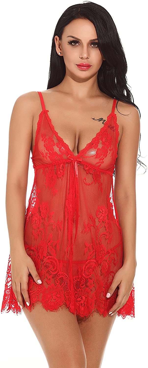 Price:$13.99 Sexy Womens Lingerie Chiffon Transparent Babydoll G-String Set Front Nightwear Nightdresses Light Red at Amazon Women’s Clothing store