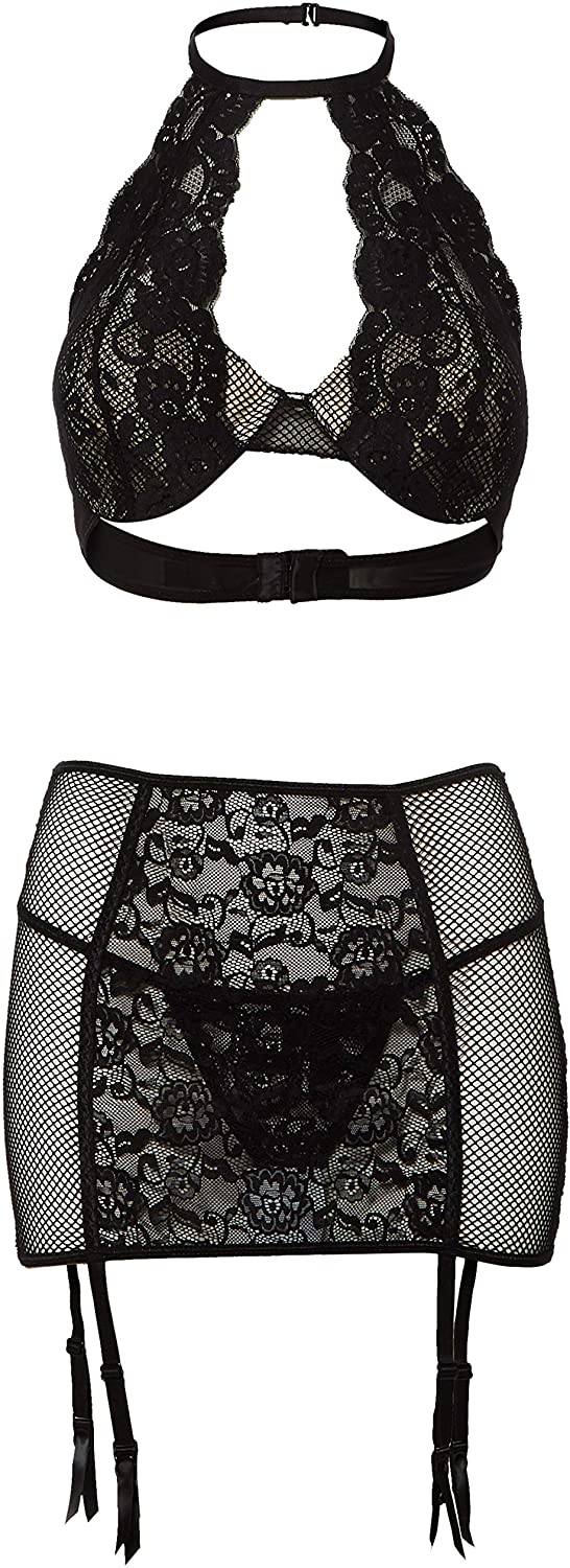 Price:$34.76 Women's Fishnet and Lace Halter Bra and Garter Skirt Set, Black, Medium: Clothing, Shoes & Jewelry