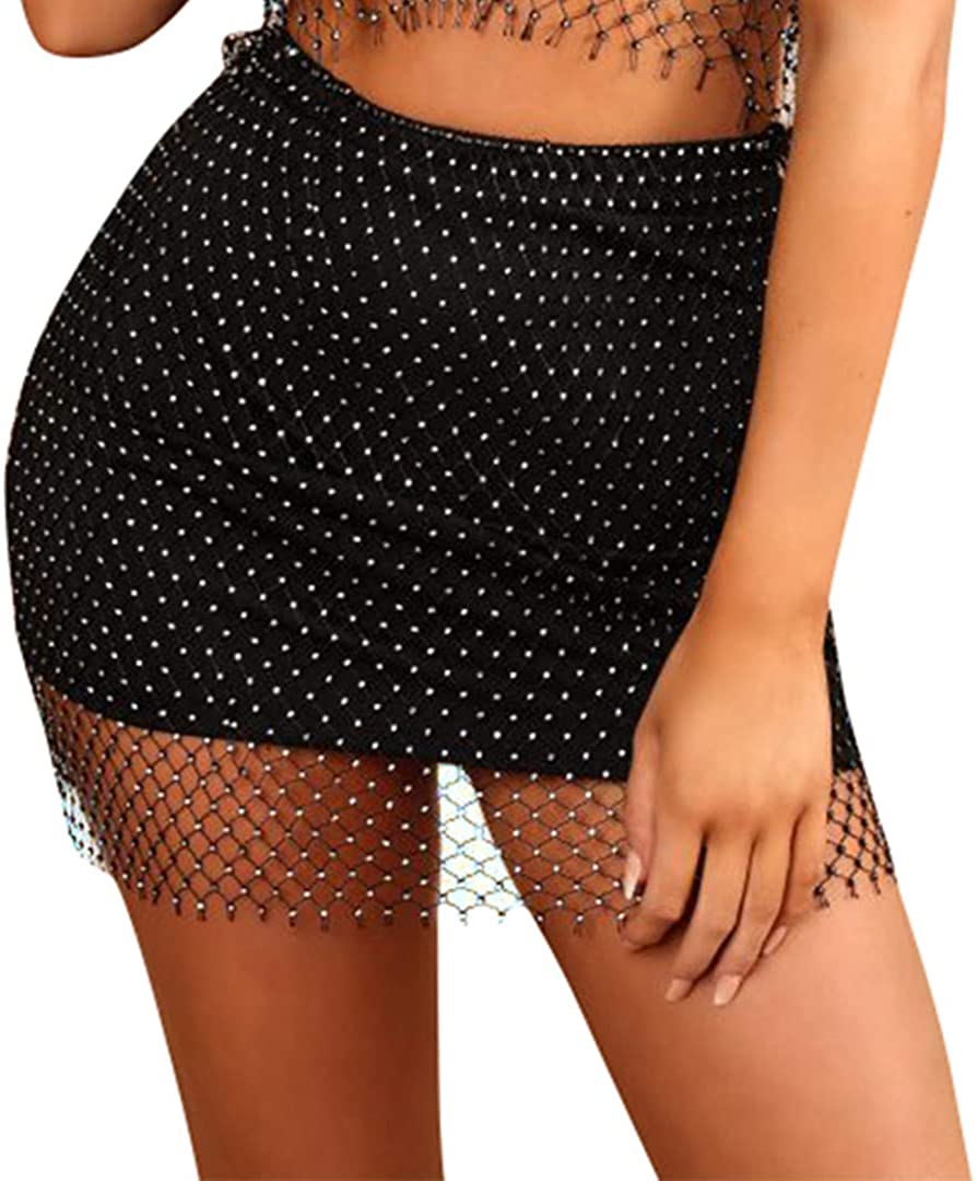Price:$19.99 Women Sexy See Through Mesh Fishnet Hollow Out Beach Bikni Swimsuit Cover up Rhinestone Mini Skirt Black at Amazon Women’s Clothing store