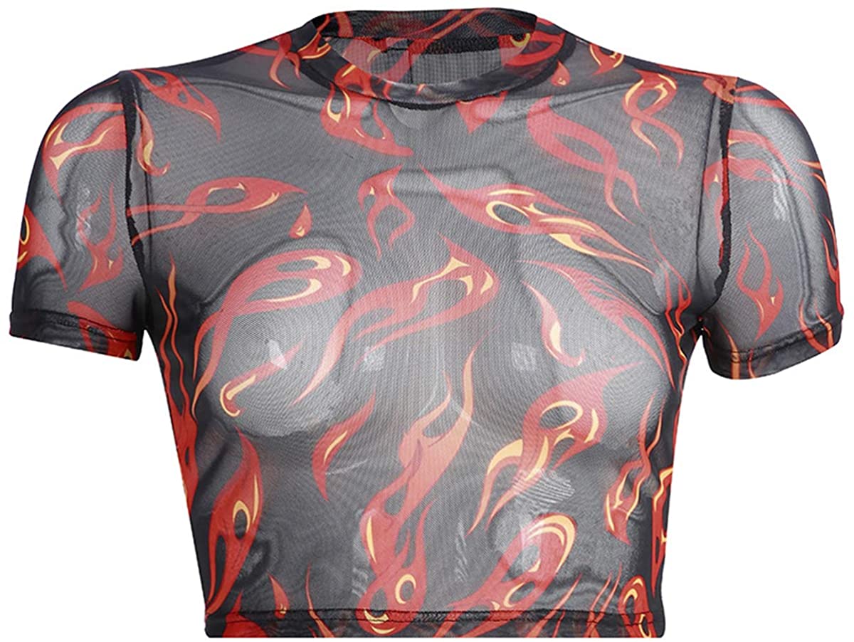 Price:$13.99 Women's Sexy Sheer See Through Devil Embroidery Mesh Crop Tops Tee Blouse at Amazon Women’s Clothing store