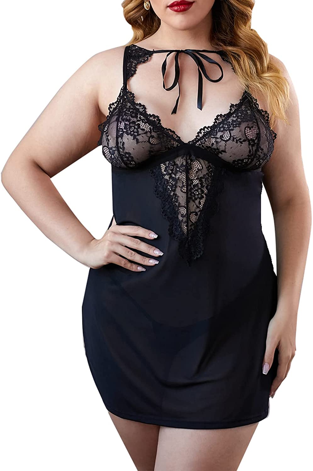 Price:$18.99 Women's Plus Size Lingerie Chemise Set - Lace Deep V Sexy Strap Lingerie Super Soft Sleepwear Nightwear 2 Pieces Set: Clothing, Shoes & Jewelry