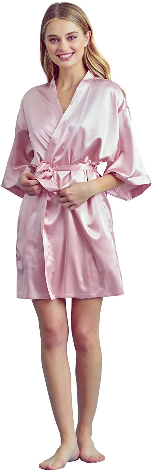 Price:$18.99 Satin Bridal Robe – Elegant Silk Kimono – Sexy Lingerie Sleepwear (Large, Pink) at Amazon Clothing store