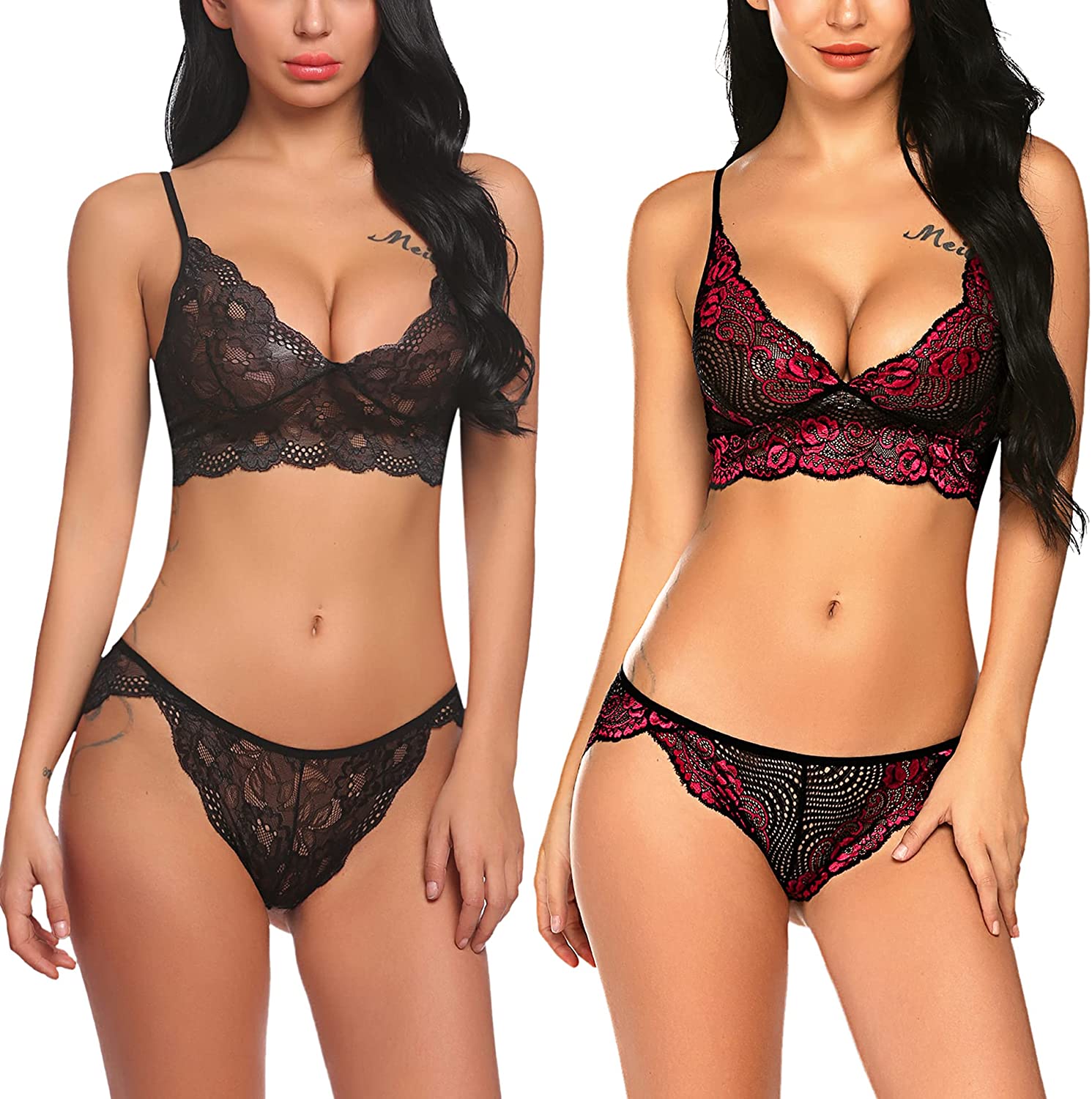 Price:$30.97 Women's 2 Piece Lace Lingerie Strappy Bra and Panty Set (Black, Large) and Women's V-neck Lingerie Bra and Panty Set (Wine Red, Large): Clothing, Shoes & Jewelry