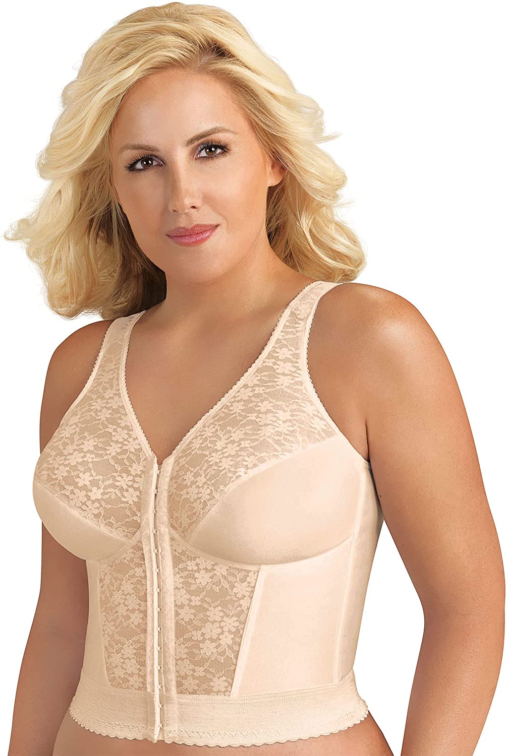 Price:$13.99 Form FULLY #5107565 Full-Coverage Slimming Longline Posture Bra, Front Closure, Lace, Wire-Free at Amazon Women’s Clothing store