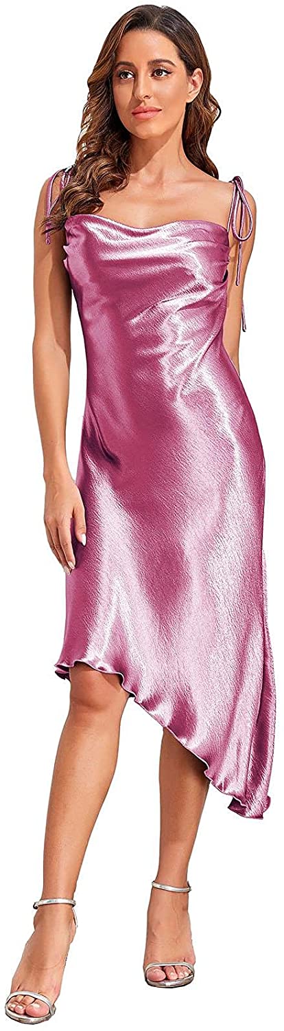 Price:$22.99 Women's Shiny Satin Adjustable Straps Backless Cowl Neck Asymmetric Hem Ruched Cocktail Cami Midi Dress : Clothing, Shoes & Jewelry