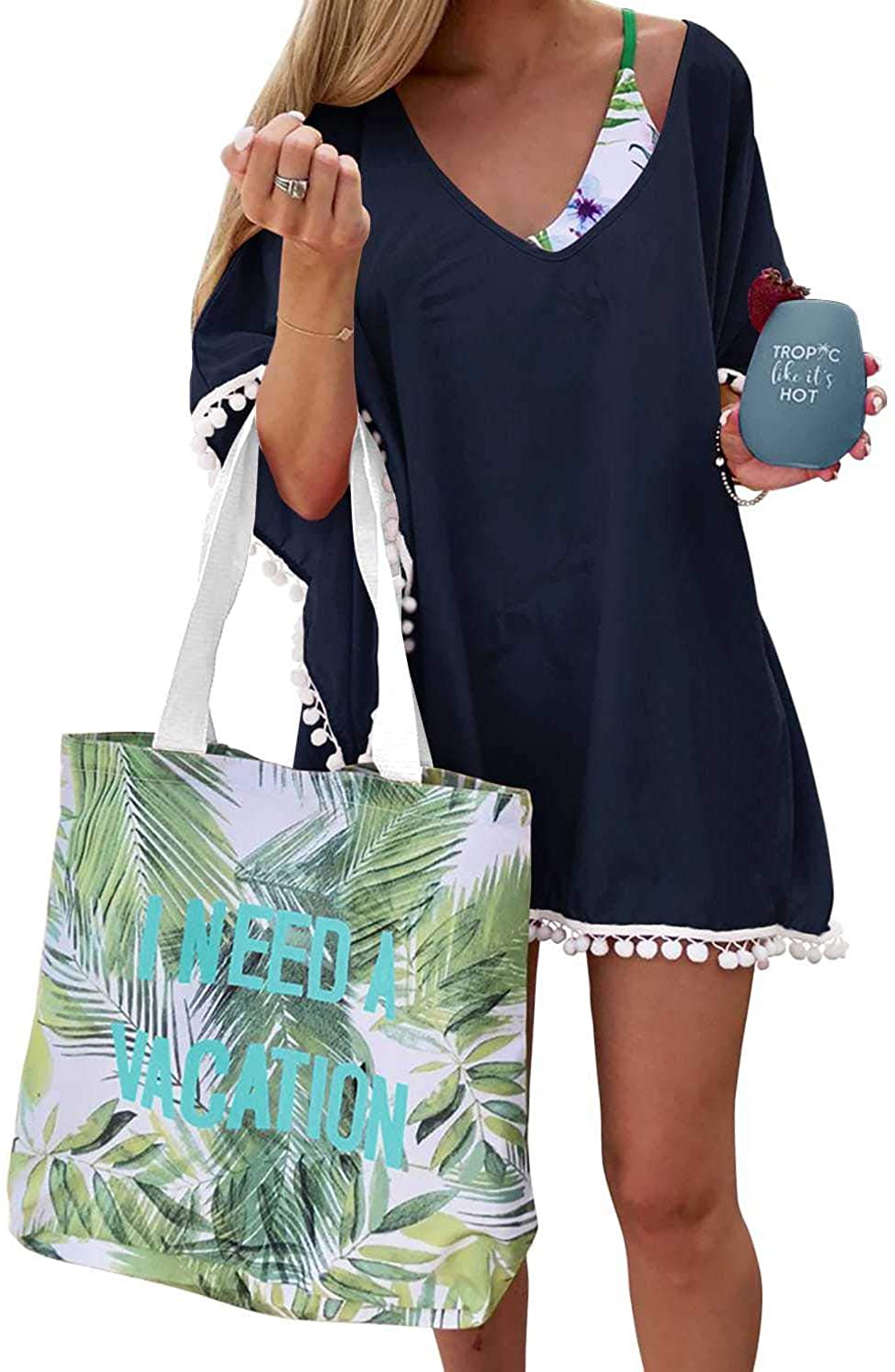 Price:$16.99 Women's Pom Pom Trim Kaftan Chiffon Swimwear Beach Cover Up at Amazon Women’s Clothing store