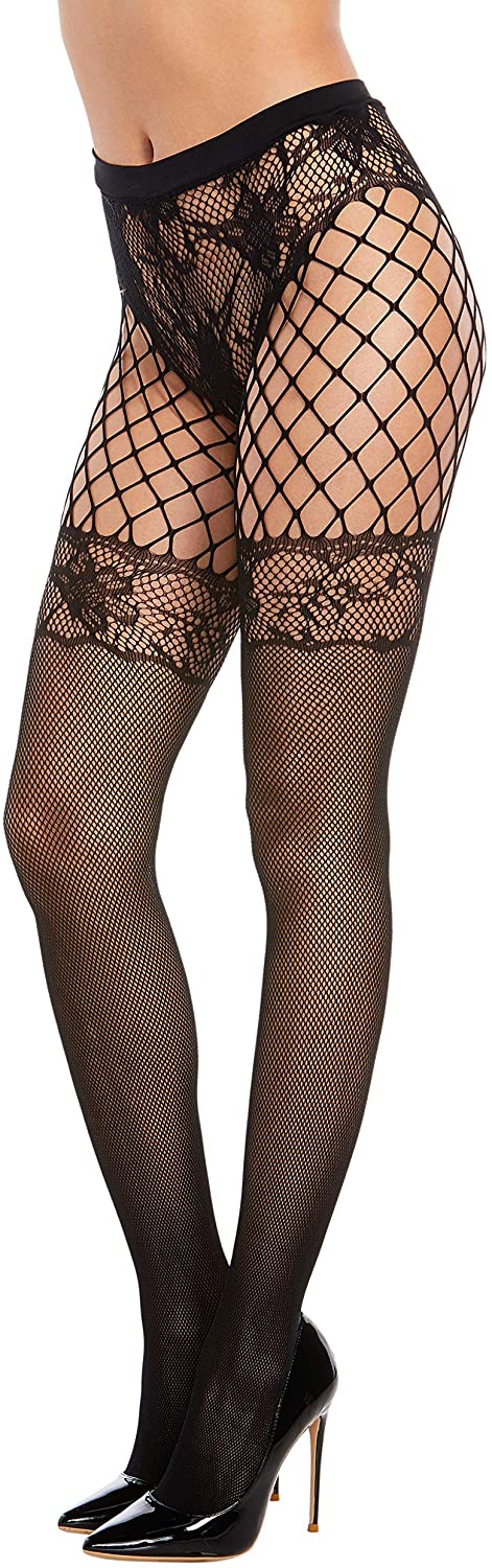 Price:$13.00 Women's Multi-Patterned Fishnet & Lace Pantyhose, Black, One Size: Clothing, Shoes & Jewelry