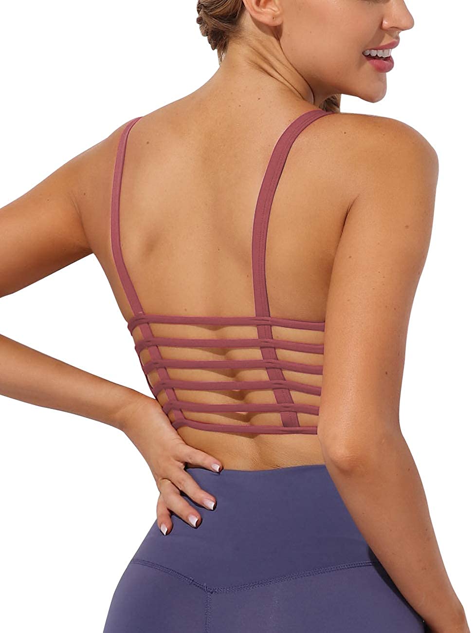 Price:$13.99 Womens Workout Sports Bra Padded Longline Crop Top Strappy Fitness Yoga Tank Cami Running Vest (Bean Paste Flour, Large) at Amazon Women’s Clothing store
