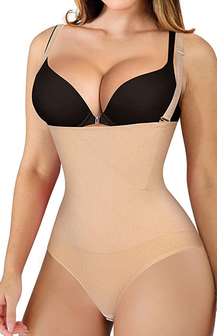 Price:$39.99 102A Thong Bodysuit - Women Seamless Waist Firm Control Shapewear Faja Open Bust Bodysuit & Panty Body Shaper at Amazon Women’s Clothing store