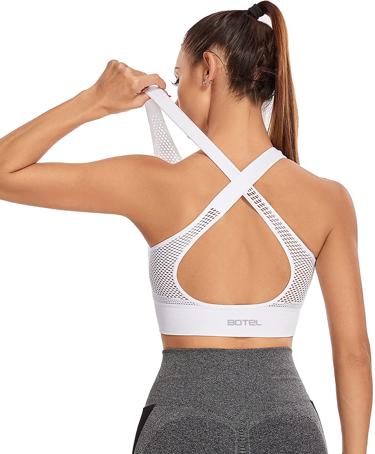 Price:$15.99 Sports Bra for Women with Mesh Front/Back Cutout Workout Seamless Sports Yoga Crop Top at Amazon Women’s Clothing store