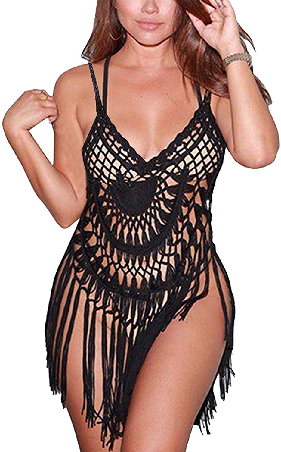 Price:$8.98 Women's Sexy Lace Bathing Suit Handmade Crochet Tassel Bikini Cover Up Swimwear Summer Beach Dress at Amazon Women’s Clothing store