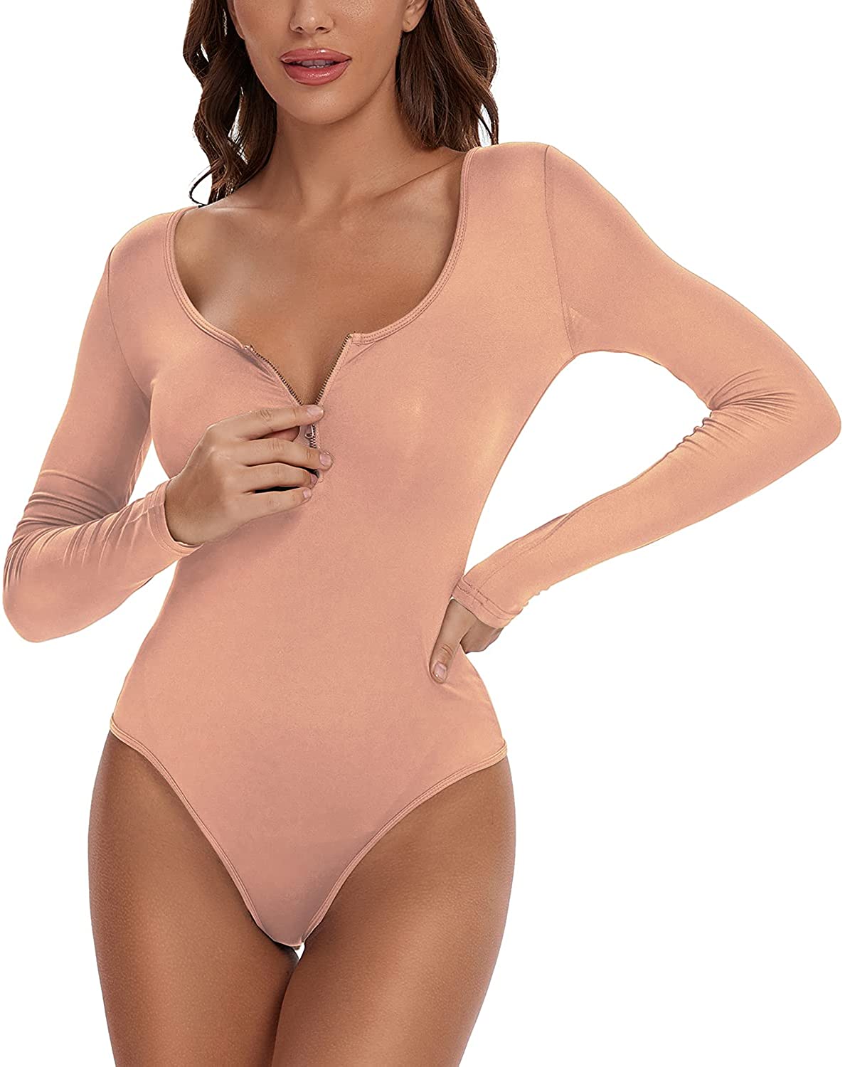 Price:$18.99 Front Zipper Scoop Neck Bodysuit For Fashion Women Plus Size Long Sleeve White Black Bodysuit Tops : Clothing, Shoes & Jewelry