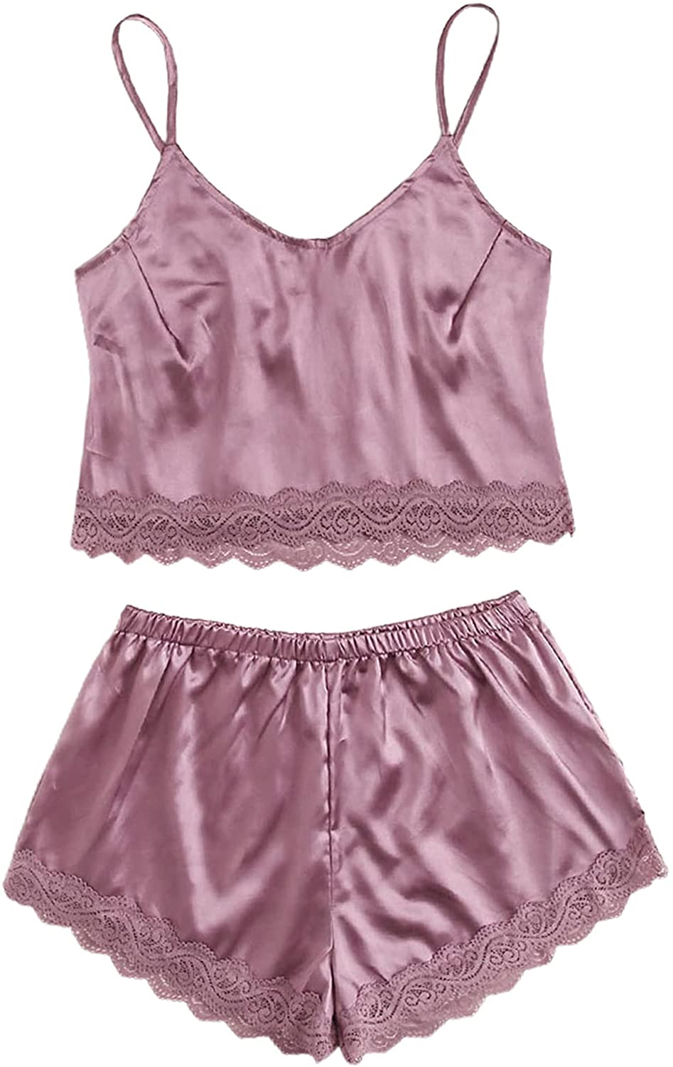 Price:$10.99 Women's Sleepwear Lace Trim Satin Cami Top and Shorts Pajamas Set at Amazon Women’s Clothing store