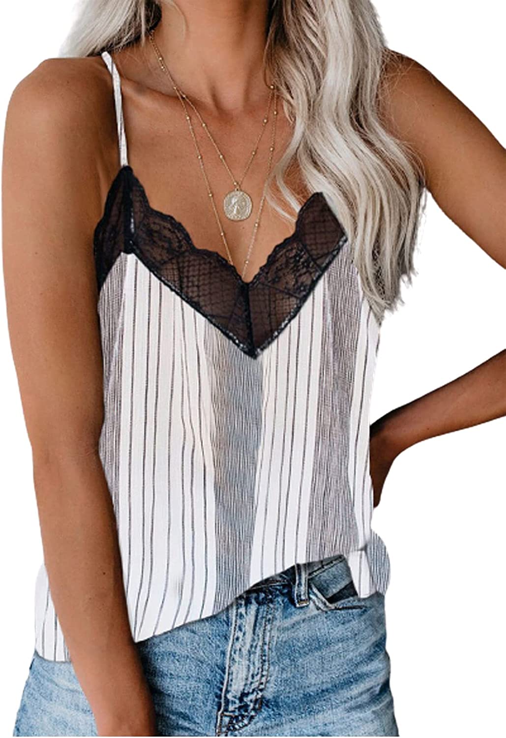 Price:$9.99 Sailed Womens V Neck Lace Cami Tank Tops Summer Sleeveless Printed Shirts Blouses : Clothing, Shoes & Jewelry
