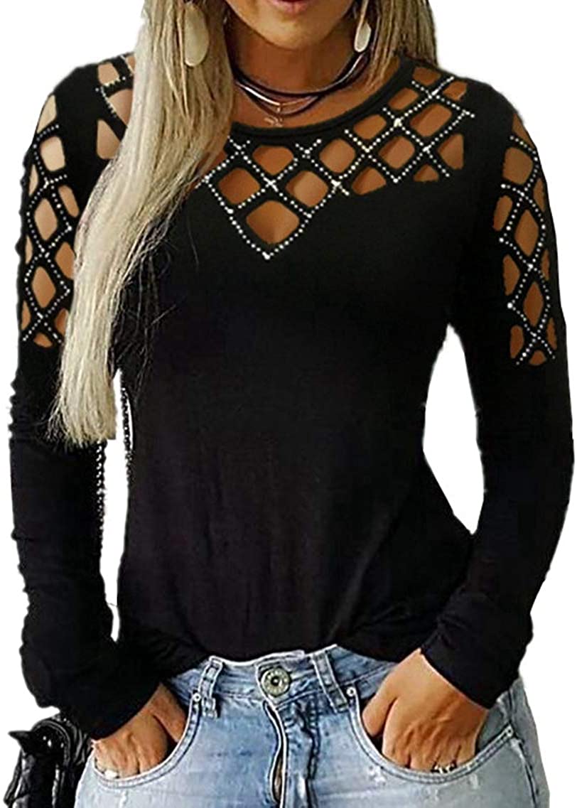 Price:$21.99 Women Casual Pullover Crewneck Cut Hollow Rhinestone Long Sleeve Loose Fit Top T Shirt at Amazon Women’s Clothing store
