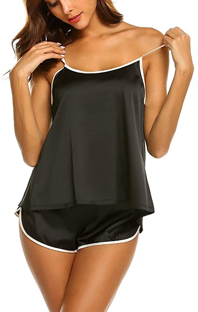 Price:$18.50 Ladies Pajamas 2 Pieces Set Sleep Wear Sexy Pajama's Sets Spaghetti Women Sleepwear Trim Satin Cami Tops and Shorts… at Amazon Women’s Clothing store
