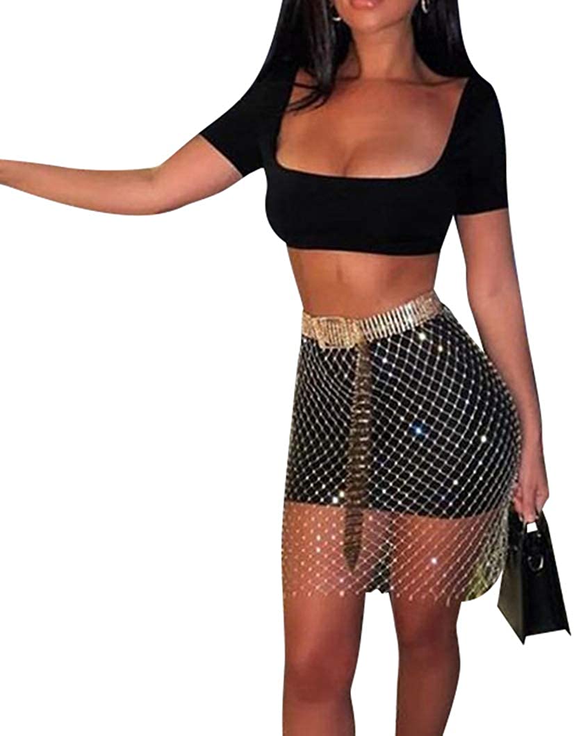 Price:$18.99 Women Rhinestone Glitter Mesh See Through Hollow Out Beach Bikni Swimsuit Cover Up Mini Skirt White at Amazon Women’s Clothing store