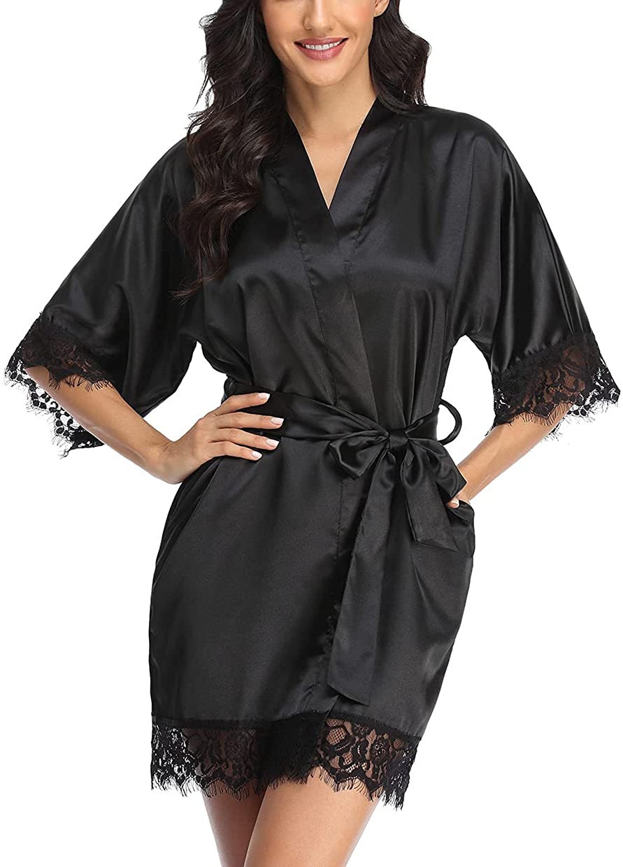 Price:$13.99 Women's Lace Trim Kimono Robe Satin Wedding Bride Bridesmaid Robe Lace Nightgown at Amazon Women’s Clothing store