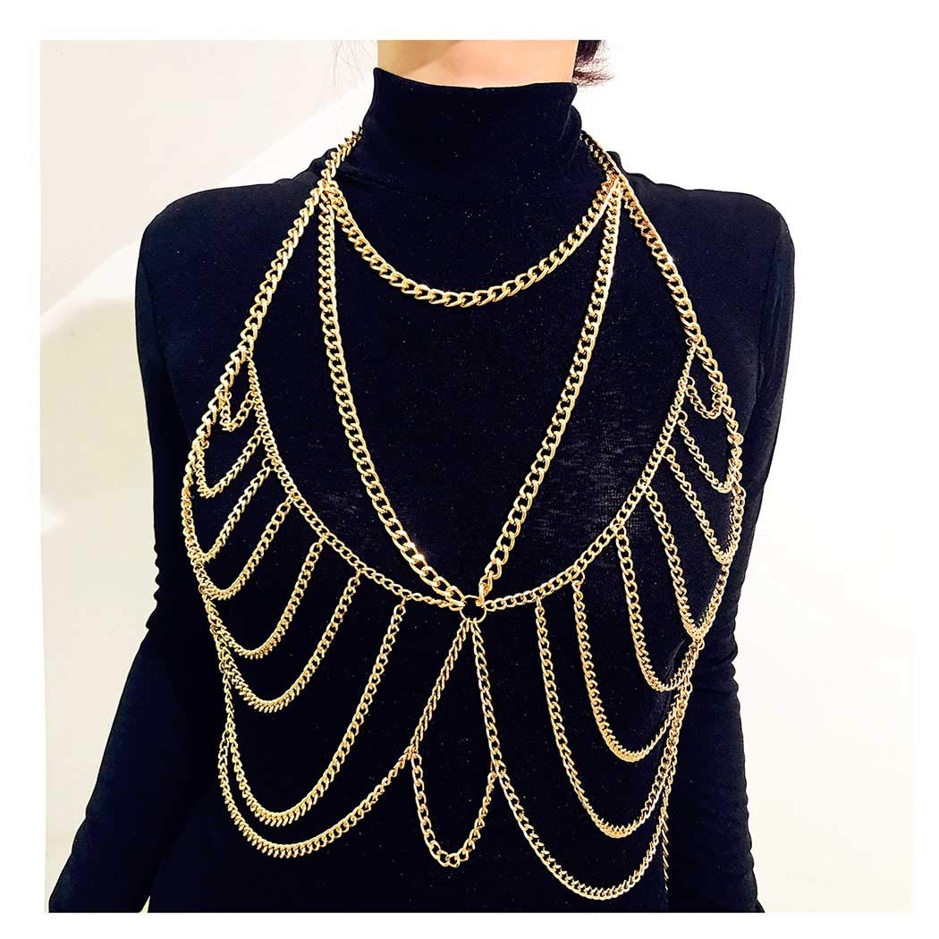 Price:$9.66 Punk Layered Body Chains Sexy Beach Crossover Chest Chain Fashion Harness Charm Body Accessories Jewelry for Women and Girls (Gold) : Clothing, Shoes & Jewelry