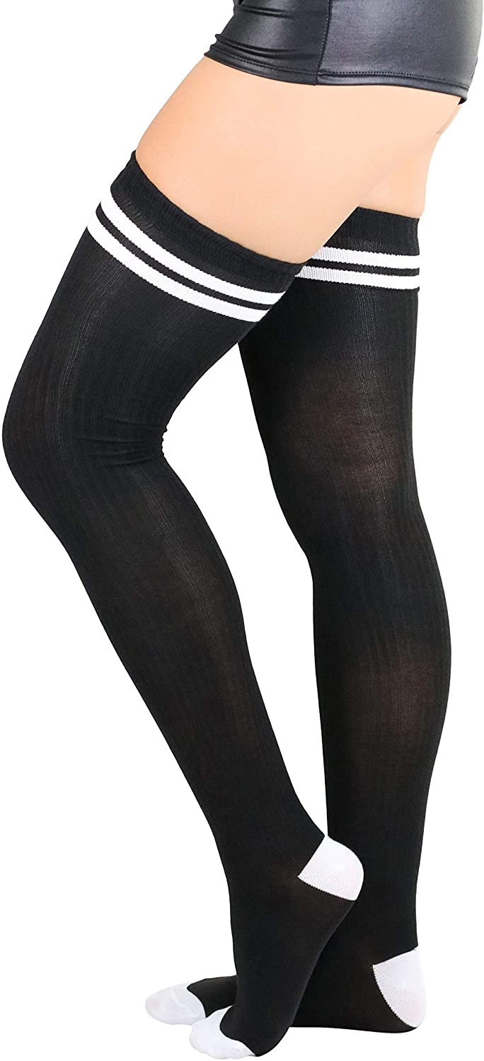 Price:$16.95 Women's Ribbed Athletic Thigh Highs - Black/White - OS at Amazon Women’s Clothing store