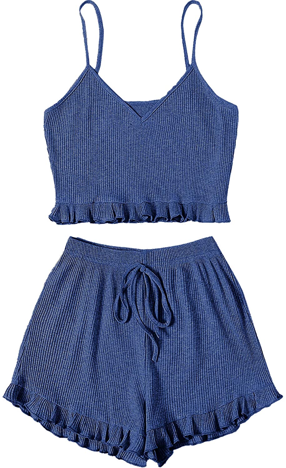 Price:$6.99 Women's Pajama Set Ruffle Trim Cami Top and Shorts 2 Piece Sleepwear Set at Amazon Women’s Clothing store