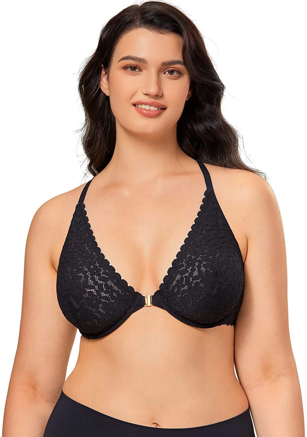 Price:$23.99 Women's Lace Racerback Bra Unlined Plunge Underwire Front Closure Sexy Bralette at Amazon Women’s Clothing store