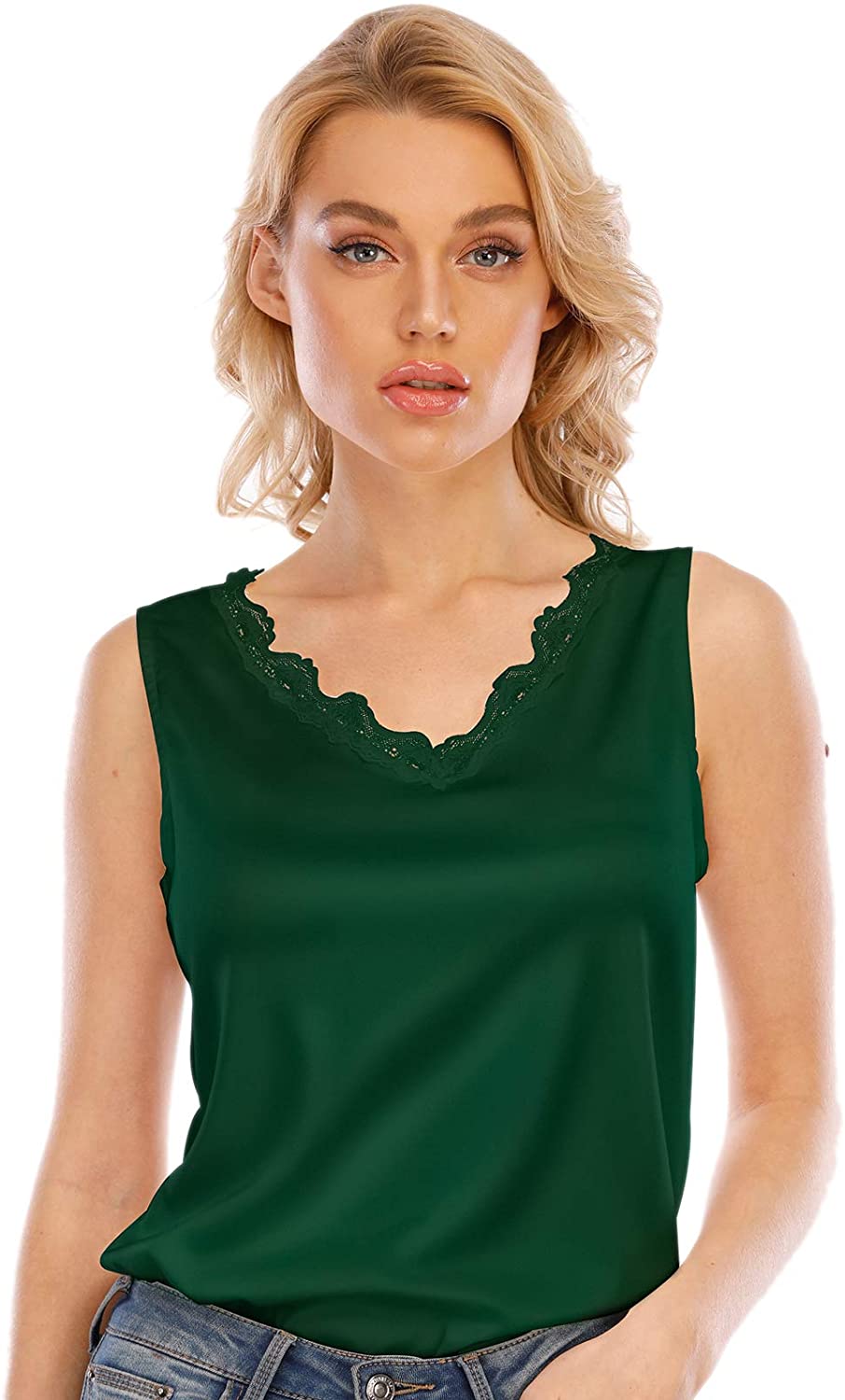 Price:$22.99 Women's Silk V Neck Camisole Lace Racerback Tank Tops Casual Loose Sleeveless Blouse Shirts at Amazon Women’s Clothing store