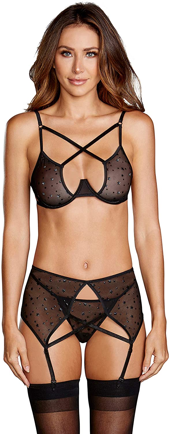 Price:$30.00 Women's Star Printed Stretch Mesh Bra & Garter Belt Set, Black, One Size: Clothing, Shoes & Jewelry