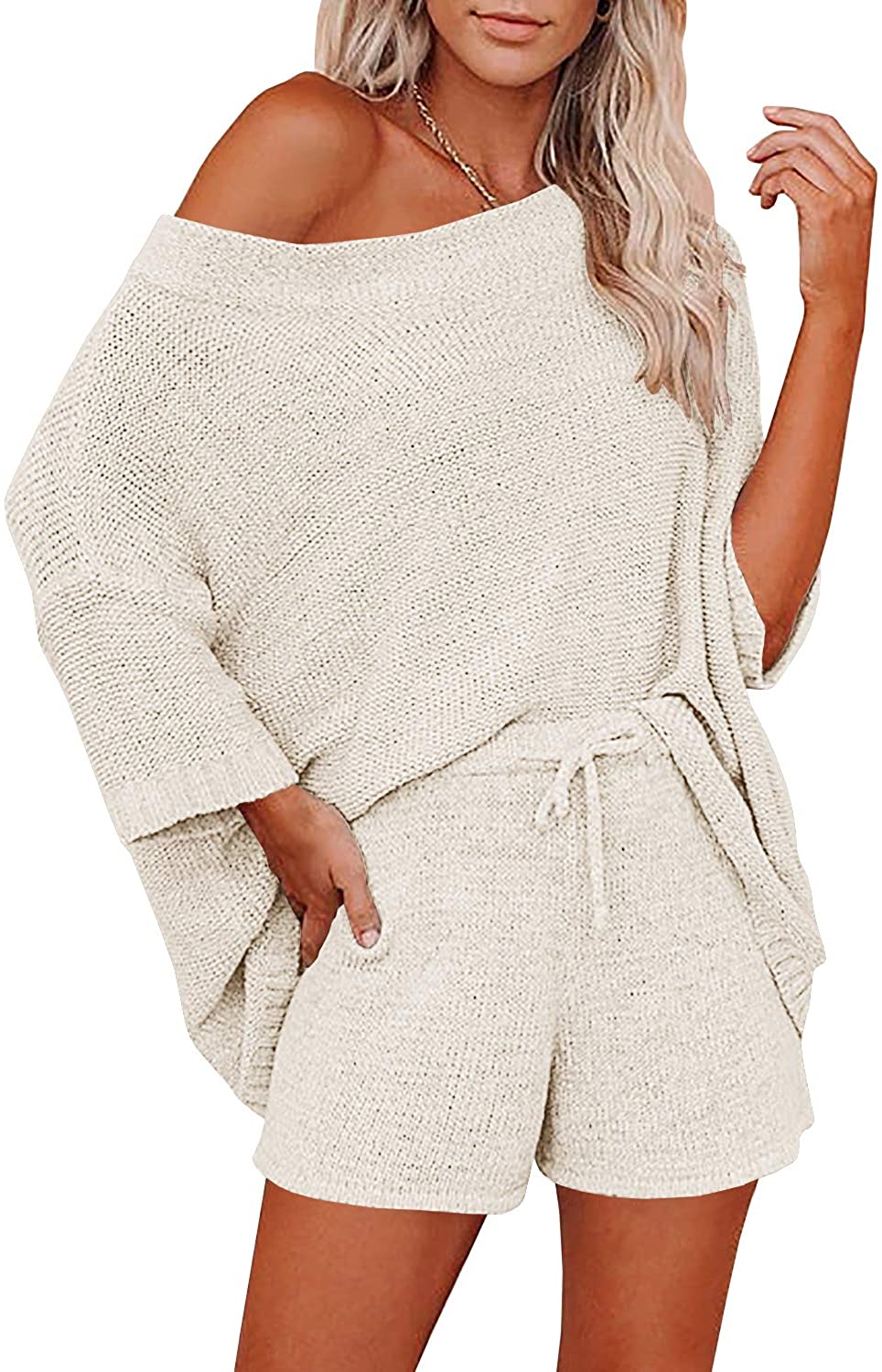 Price:$26.98 Women's 2 Piece Outfits Sweater Set Off Shoulder Knit Top + Drawstring Waist Short Suits Casual Cute Sets at Amazon Women’s Clothing store