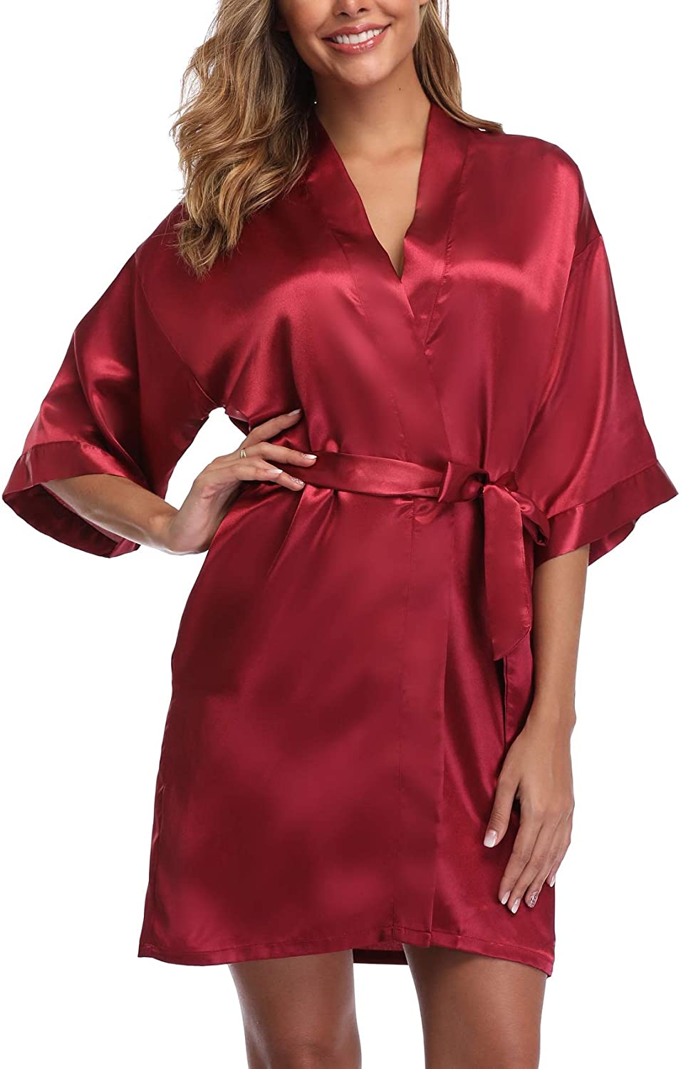 Price:$10.99 Short Satin Kimono Robes Pure Color Bridesmaid Wedding Party Bathrobe Sleepwear at Amazon Women’s Clothing store