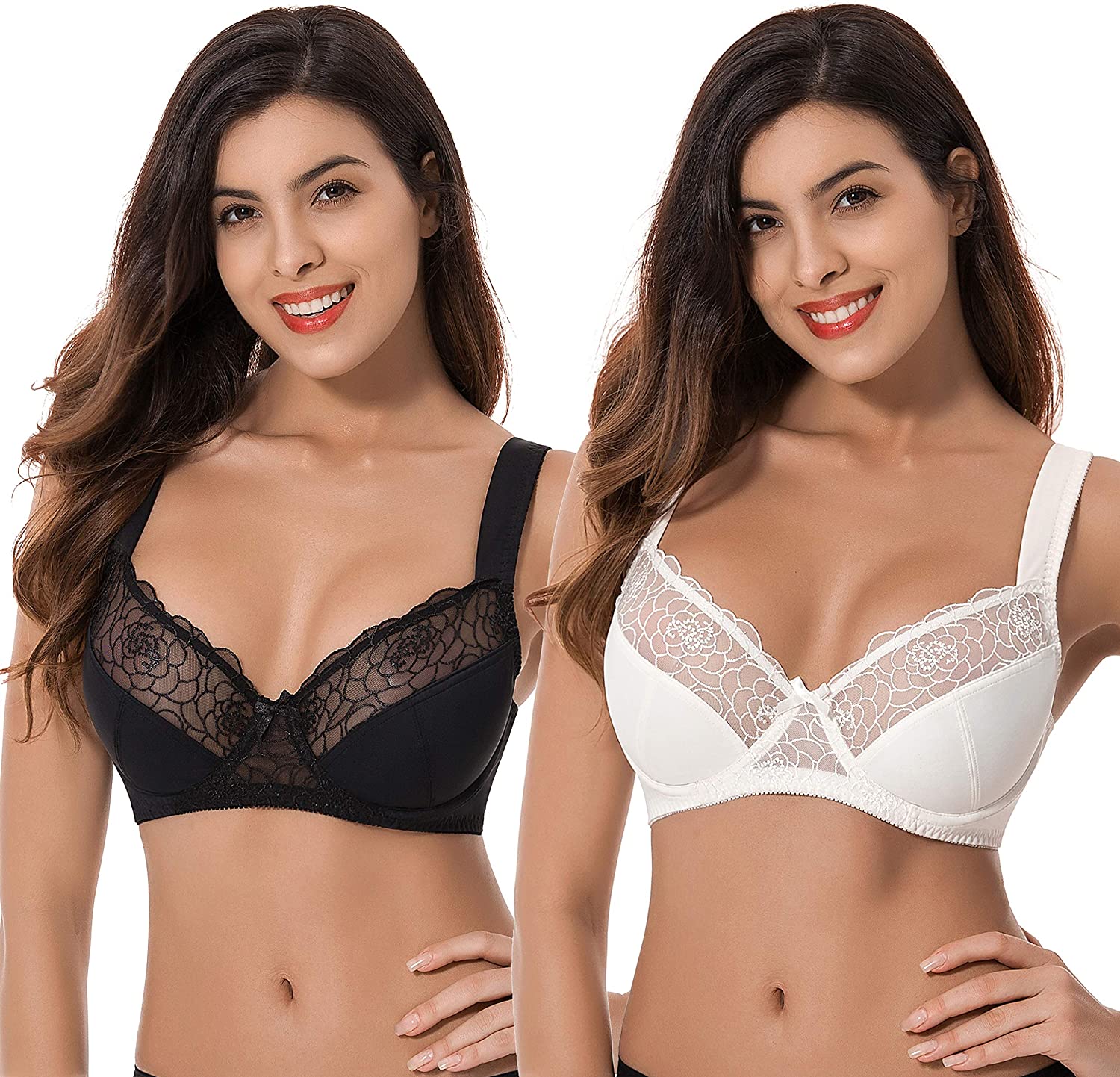 Price:$29.88 Muse Womens Plus Size Minimizer Underwire Bra with Lace Embroidery-2Or3PK at Amazon Women’s Clothing store