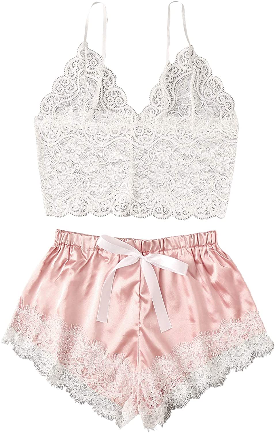 Price:$9.99 Women's 2Pcs Sexy Floral Lace Cami Top with Shorts Sleepwear Pajama Set at Amazon Women’s Clothing store