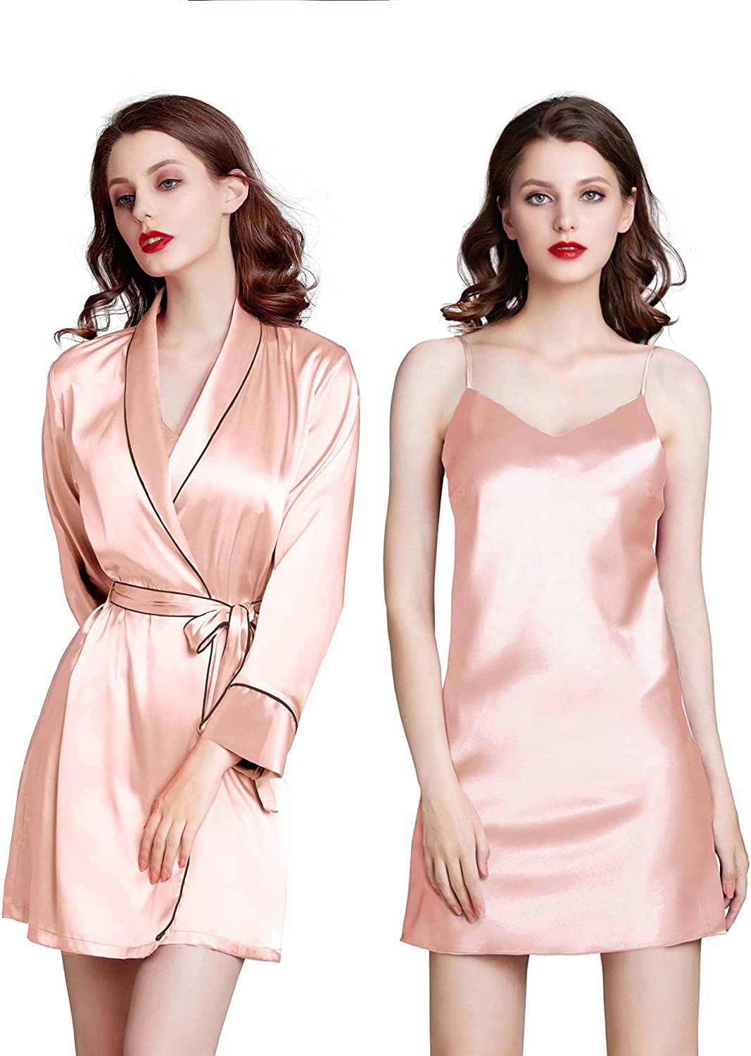 Price:$47.00 Silky Dressing Gown with black piping + matching chemise slip in color Pink at Amazon Women’s Clothing store